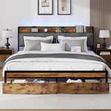 King Size Metal Platform Bed Frame with 2 Storage Drawers, LED Light, Velvet Headboard with USB Port - Heavy Duty, Brown Wooden Panel, No Box Spring Needed - King Bed Frame with Storage (Brown, King) LUBEDCY