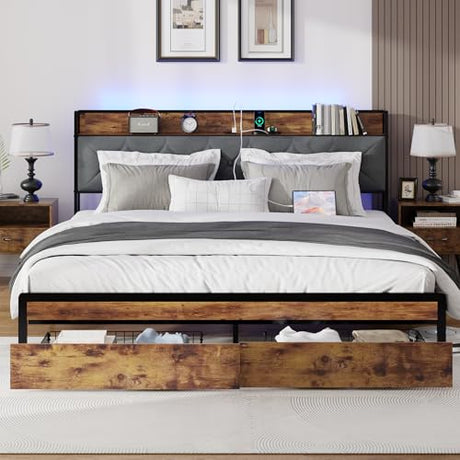 King Size Metal Platform Bed Frame with 2 Storage Drawers, LED Light, Velvet Headboard with USB Port - Heavy Duty, Brown Wooden Panel, No Box Spring Needed - King Bed Frame with Storage (Brown, King) LUBEDCY