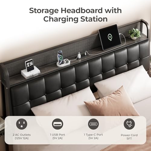 Salamir Twin Floating Bed Frame with LED & Charging Station, Ergonomic Upholstered Headboard with Folding Shelves Storage, Metal Slats, No Box Spring Needed, Easy Assembly, Noise-Free, Black Leather Salamir