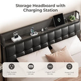 Salamir Twin Floating Bed Frame with LED & Charging Station, Ergonomic Upholstered Headboard with Folding Shelves Storage, Metal Slats, No Box Spring Needed, Easy Assembly, Noise-Free, Black Leather Salamir