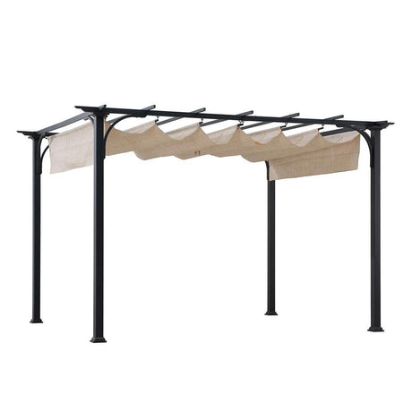 Sunjoy Outdoor Pergola 9 x 12 ft. Patio Black Steel Frame Pergola with Retractable Beige Canopy Shade for Backyard, Garden Activities Sunjoy