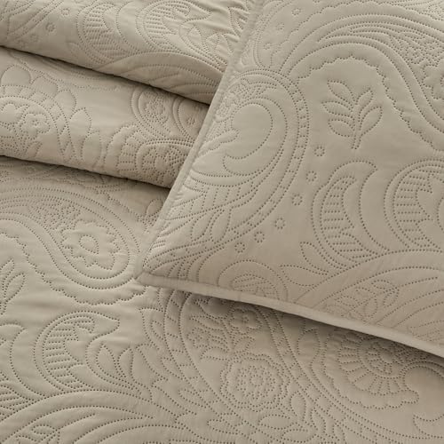 BOURINA Ultrasonic Quilt Set Bedspreads 3-Piece Bedding Set Pre-Washed Microfiber Ultra Soft Lightweight Flower Coverlet Set for All Season, King Beige BOURINA
