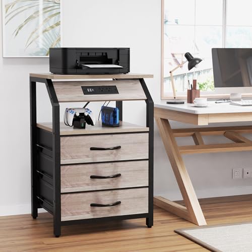 SZLHANJZ Night Stand Set of 2, Nightstands with Charger Station and LED Lights, End Tables Set with 3 Fabric Drawers, Storage Side Tables for Bedside, Living Room, Greige SZLHANJZ