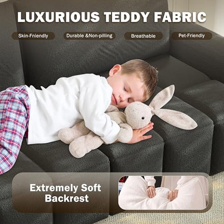 LuxyHoom 90.2" Futon Sofa Bed King, 3-in-1 Teddy Convertible L-Shaped Sofa, Upholstered Loveseat Couches, Pull Out Couch Bed Small Spaces, Deep Seat, Storage for Living Room, Apartment, Black LuxyHoom