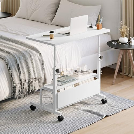 DUMOS 31.5" Manual Standing Desk, Height Adjustable Mobile Computer Desk with Lockable Wheels & 2-Tier Storage, Rolling Laptop Table for Small Spaces & Home Office, White DUMOS
