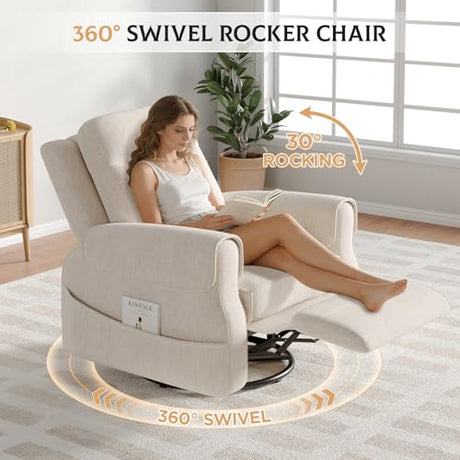 Maupvit Faux Shearling Recliner Chair - 360° Swivel Rocker with Adjustable Footrest and Backrest, Plush Upholstered Single Sofa for Small Spaces, for Living Room/Nursery/Home Theater (White) Maupvit