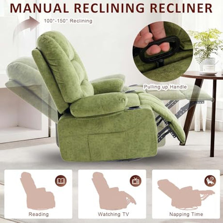 KCQ Oversized Swivel Rocker Recliner Chair with Massage Heat Cup Holders Overstuffed Fabric Reclining Glider Chairs for Nursery Manual Rocking Recliner, Green KCQ