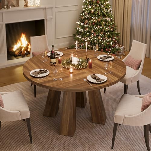 IDEALHOUSE 47" Round Dining Table for 4-6, Wood Kitchen Table with Sturdy Base, Farmhouse Circle Dinner Table for Dining Room, Living Room, 4 Strong Legs, Walnut IDEALHOUSE