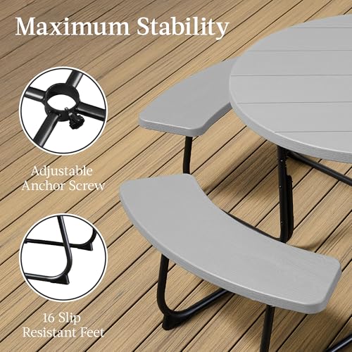 Best Choice Products 8-Person Outdoor Bench Patio Picnic Table, Circular w/ 4 Built-in Benches and Umbrella Hole, 2000lb Capacity - Light Gray Best Choice Products