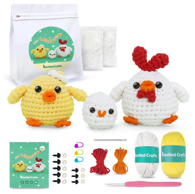 NestledCrafts Beginners Crochet Kit, Amigurumi Crochet Animal Kit, Easy Learn to Crochet with Step-by-Step Video Tutorials, 3PCS The Chick Family for Kids & Adults NestledCrafts