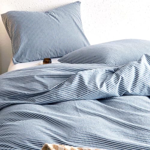 Wake In Cloud - Striped Cotton Duvet Cover Set, 100% Washed Cotton Textured Percale Bedding Set, Ticking Stripe Pinstripe Farmhouse, 3 Pieces, Denim Blue, Full Size Wake In Cloud