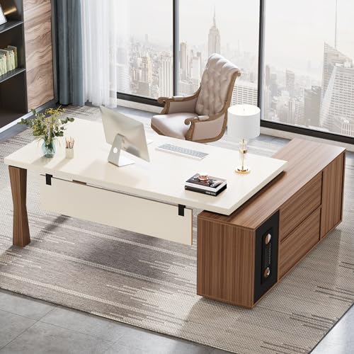 Tribesigns 71-Inch Executive Desk, L-Shaped Desk with Cabinet, Large Office Desk with Storage Shelves, Writing Table Desk Business Furniture Set for Home Office, Cream White Tribesigns