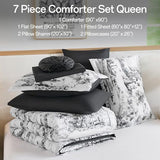 WONGS BEDDING Queen Comforter Set 7 Pieces, Black and White Botanical Bed in a Bag, Farmhouse French Toile Floral Bed Set WONGS BEDDING