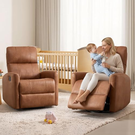 HAOMARKETS Swivel Rocker Recliner Chair, Manual Faux Leather Glider Rocking Recliners for Adults, 360° Swivel Nursery Reclining Sofa with Padded Backrest for Living Room, Dark Brown HAOMARKETS