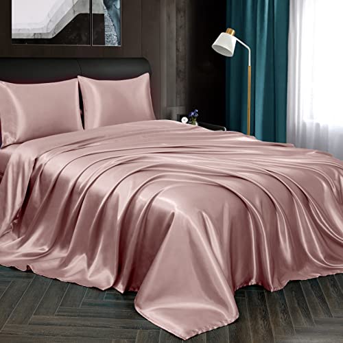 Homiest 4pcs Satin Sheets Set Luxury Silky Satin Bedding Set with Deep Pocket, 1 Fitted Sheet + 1 Flat Sheet + 2 Pillowcases (Queen Size, Rose Gold) Homiest