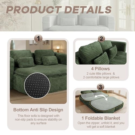 IZLKQC 75'' Folding Sleeper Sofa Bed, Convertible Memory Foam Boneless Couch, Foldable Full Size Guest Bed, Modern 2-in-1 Futon Floor Sleeper Sofa with 4 Pillows and Blanket (Corduroy, Green) IZLKQC