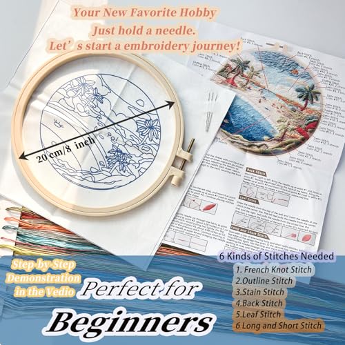 FONNUY Beach Ocean Embroidery Kit, Cross Stitch Kits for Beginners, Handmade Crafts with Printed Patterns for Beginner Adults, Easy to Follow Color Thread Needlework, 8'' Hoop (Holiday)