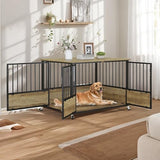 DWVO Dog Crate Furniture with Wheels, 43 Inch Dog Kennel Indoor Furniture End Table Dog Crate for Dogs, Farmhouse Decorative Wooden Dog Cage Table with Double-Doors, Chew-Resistant, Greige DWVO