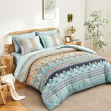 LXWORX Boho Comforter Set King Size Sage Green - 7 Pieces Bohemian Floral Striped Comforter and Sheet Set, Soft Bed in a Bag Complete Bedding Sets King Size for All Season (Sage Green,King) LXWORX