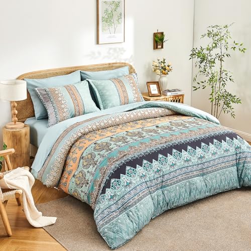 LXWORX Boho Comforter Set Queen - 7 Pieces Bed in a Bag, Bohemian Striped Comforter Set with Sheets, Soft Microfiber Sage Green Floral Bedding Set for All Season LXWORX