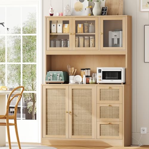 Irontar 70.9'' Kitchen Pantry Cabinet, Kitchen Hutch with Microwave Stand & Charging Station, Farmhouse Tall Storage Cabinet with Countertop, Bar Cabinet with Drawer and Glass Doors, Natural CWG011ME Irontar