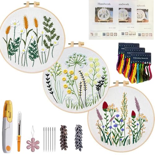 CHIYOSING Embroidery Kit for Beginners Adults, 3 Floral Pattern to Learn Over 30 Different Stitches,Includes Step-By-Step Instructions,Sharp Scissors and 2 Exquisite Hairpins and Multiple Accessories