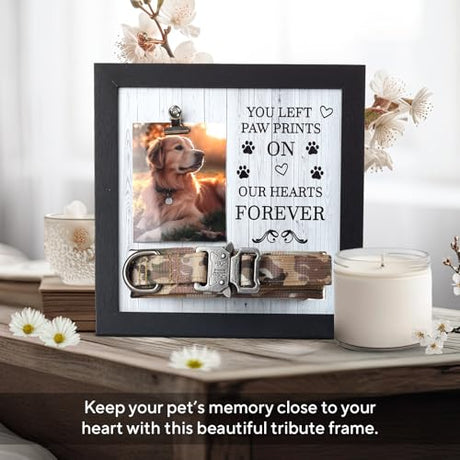 X-partner Pet Memorial Frame with Collar Holder – Dog & Cat Loss Remembrance Gift – You Left Paw Prints on Our Hearts Forever – Sympathy Keepsake Frame for Pet Lovers X-partner