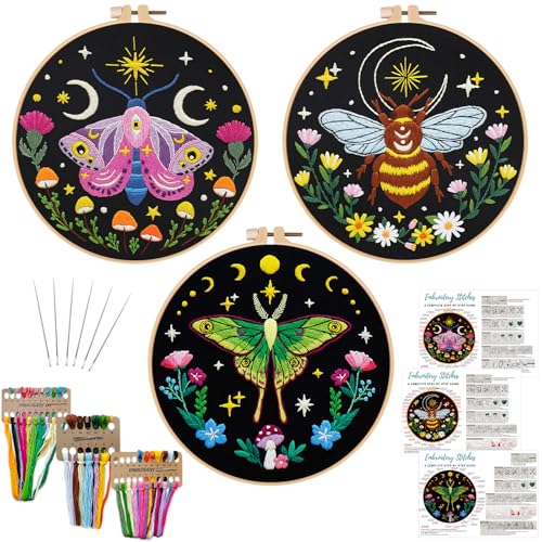 Nuberlic 3 Pack Embroidery Kit for Adults Beginners, Stamped Cross Stitch Moth and Bee Patterns with Hoop, Thread, Needles & Step-by-Step Guide Easy DIY Starter Kit