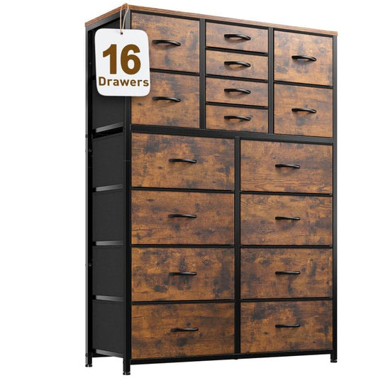 EnHomee Tall Dresser for Bedroom,16 Drawer Dressers & Chests of Drawers, Fabric Bedroom Dresser with Wood Top, Metal Frame,Storage Drawer for Closet Entryway,Rustic Brown