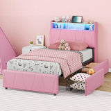 LIKIMIO Twin Bed Frame with 2 Storage Drawers, Charging Station & LED Lights, Upholstered Platform Twin Bed with Storage Headboard, Strong Wooden Slats, No Box Spring Needed, Easy Assembly, Pink LIKIMIO