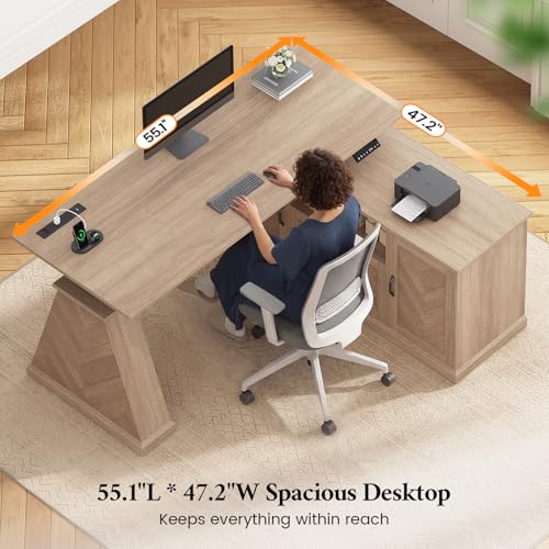 Farmhouse L Shaped Electric Standing Desk with Power Outlet & 2 Storage Cabinets, 55.1" x 47.2" Height Adjustable Office Executive Desk with File Drawer & Shelf, Large Business Computer Desks, Natural ANGRYWIN