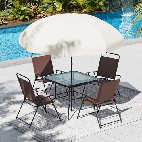 Amopatio Patio Dining Set for 4, Outdoor Table and Chairs with Umbrella, 4 Folding Dining Chairs & Glass Table for Lawn, Deck, Garden, Backyard, Deck, Brown, Patio Furniture Set - WoodArtSupply