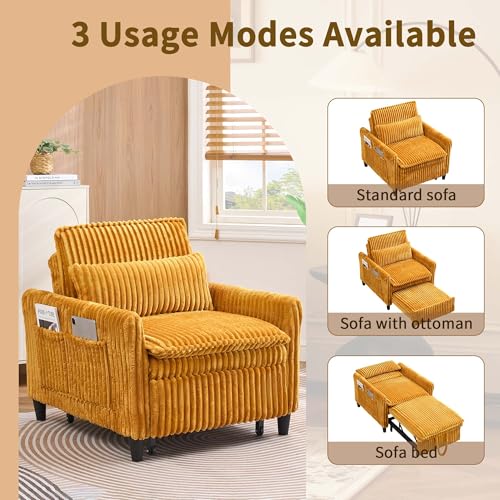 Majnesvon Modern Corduroy Fabric Sofa Bed Futon, 3 in 1 Convertible Pullout Bed Sleeper Couches with 3 Reclining Backrests, Small Sofa Chair Bed for Living Room Bedroom (Yellow) Majnesvon