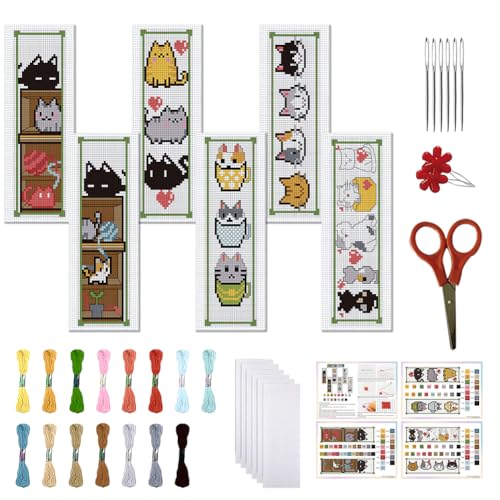 FREEBLOSS 6 Set Cross Stitch Bookmark Kit Counted Cross Stitch Kit Embroidery Bookmarks with Instruction Cartoon Cat Embroidery Kit for Beginners Adults 8''x2.4''