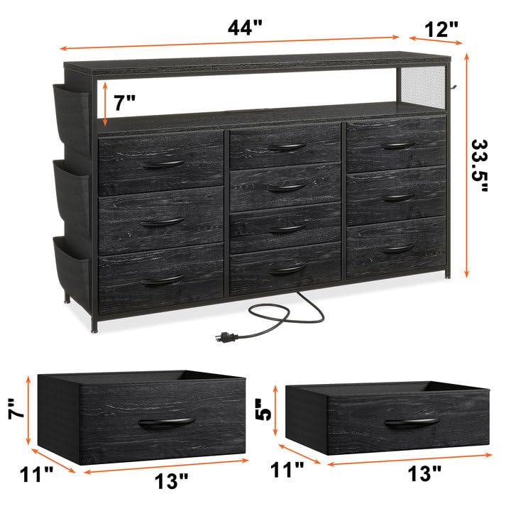 EnHomee Dresser TV Stand with 10 Drawers for 55" TV Stand for Bedroom with LED Lights & Power Outlets Wide Dresser for Bedroom with Shelves & Side Pockets Sturdy Metal Frame & Wood Top, Charcoal Black EnHomee