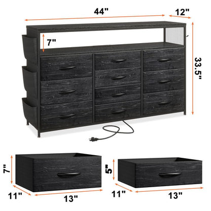 EnHomee Dresser TV Stand with 10 Drawers for 55" TV Stand for Bedroom with LED Lights & Power Outlets Wide Dresser for Bedroom with Shelves & Side Pockets Sturdy Metal Frame & Wood Top, Charcoal Black