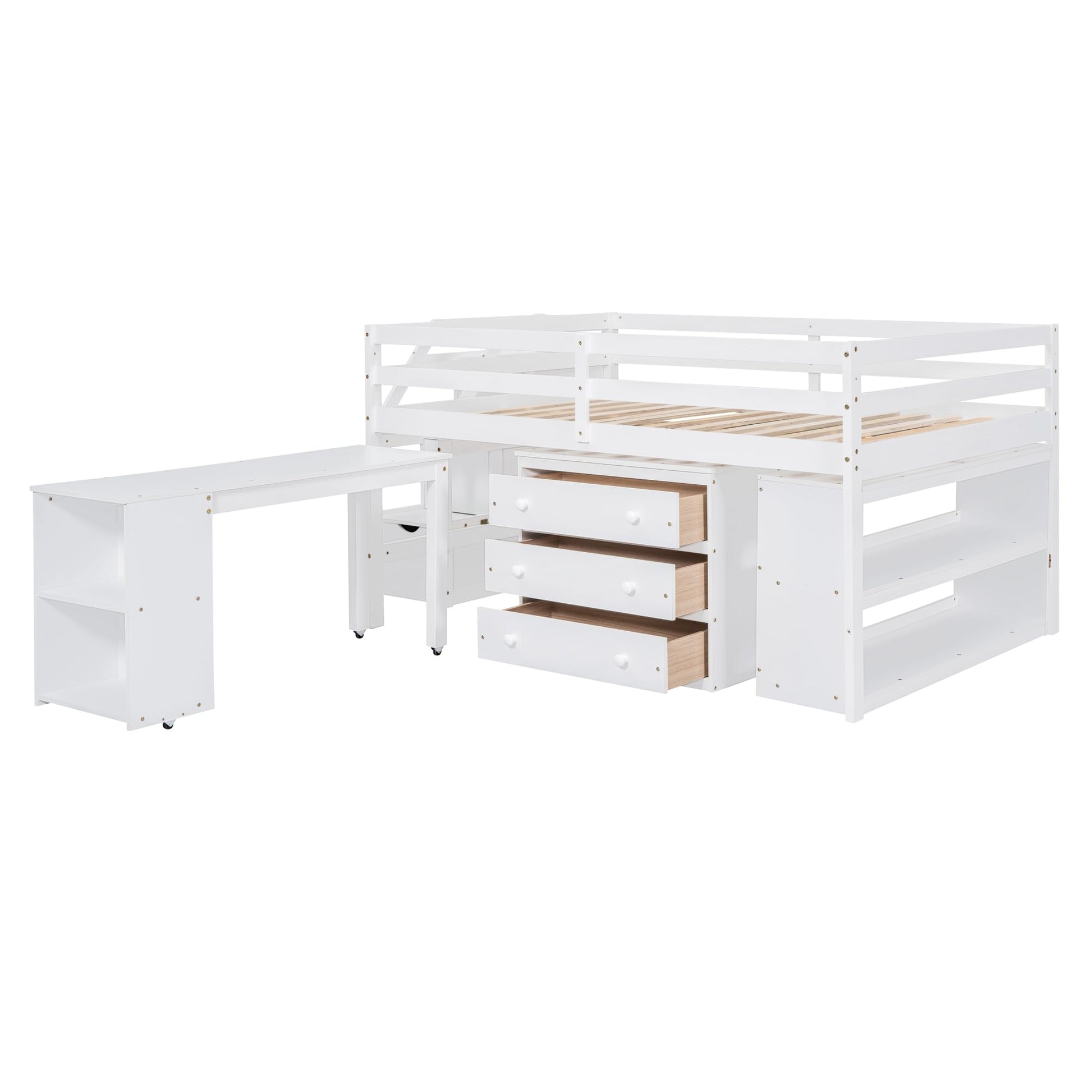 Full Size Low Loft Bed with Storage and Rolling Desk by Harper & Bright Designs - WoodArtSupply