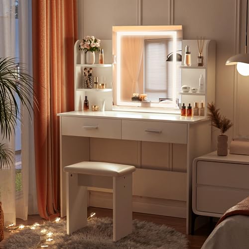 SMOOL Vanity Desk with Lighted Mirror - Makeup Vanity Table with 3 Color Light Options Adjustable Brightness, Vanity with 6 Storage Shelves, 2 Large Drawers, Vanity Set for Girls Women, White SMOOL