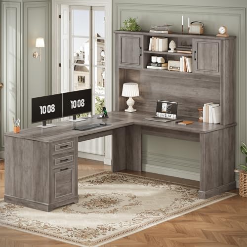 SEDETA Farmhouse L Shaped Desk with Hutch and 3 Drawers, 68.9" Executive Office Desk with File Drawer and Power Outlet, Corner Computer Desk with Storage Shelves for Home Office (Grey) SEDETA