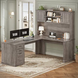 SEDETA Farmhouse L Shaped Desk with Hutch and 3 Drawers, 68.9" Executive Office Desk with File Drawer and Power Outlet, Corner Computer Desk with Storage Shelves for Home Office (Grey) SEDETA