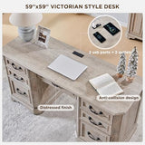 T4TREAM 59" Farmhouse Executive Desk with Drawers,Wood Home Office Computer Desk, Featuring Keyboard Tray,Charging Station,File Drawer, Storage Cabinet,for Work and Study (Light Rustic Oak) T4TREAM