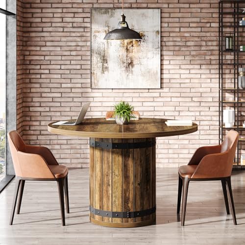 Tribesigns 39.37-Inch Round Conference Table, Farmhouse Meeting Room Table for 4, Seminar Boardroom Desk with Fence Pedestal Base for Office Conference Room (Rustic Brown, Chairs Not Included) Tribesigns