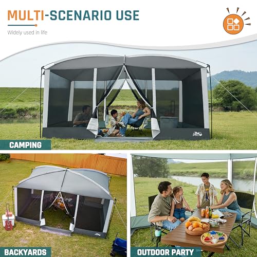 Screen House Room 13x9Ft DMH OUTDOORS Screen Tent Mesh Gazebos w/ 2 Magnetic Doors, Included Projection Screen, Camping Tent Screened Canopy Shelter for Outdoor Patios Backyards Activities DMH OUTDOORS
