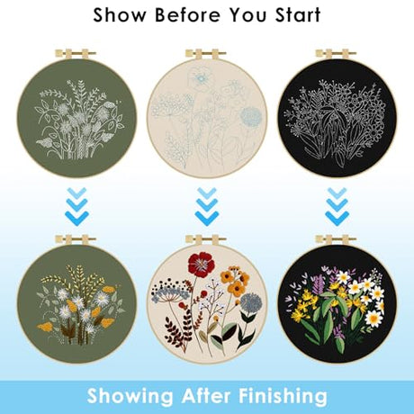 ERKOON 3 Sets Embroidery Kit, Floral Cross Stitch Set for Include Embroidery Cloth Hoops Threads for Craft Lover Hand Stitch (Plants & Flowers) ERKOON