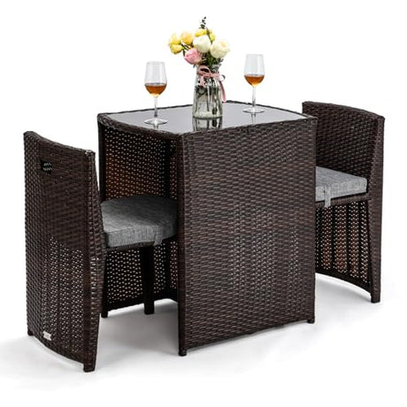 Bonnlo 3 PCS Wicker Outdoor Patio Bistro Set, Patio Furniture Set for Small Space with Glass Top Table Dining Chairs, Balcony Furniture Patio Table and Chairs Set of 2 for Garden Yard Porch Bonnlo