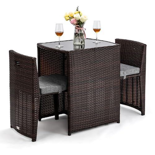 Bonnlo 3 PCS Wicker Outdoor Patio Bistro Set, Patio Furniture Set for Small Space with Glass Top Table Dining Chairs, Balcony Furniture Patio Table and Chairs Set of 2 for Garden Yard Porch - WoodArtSupply