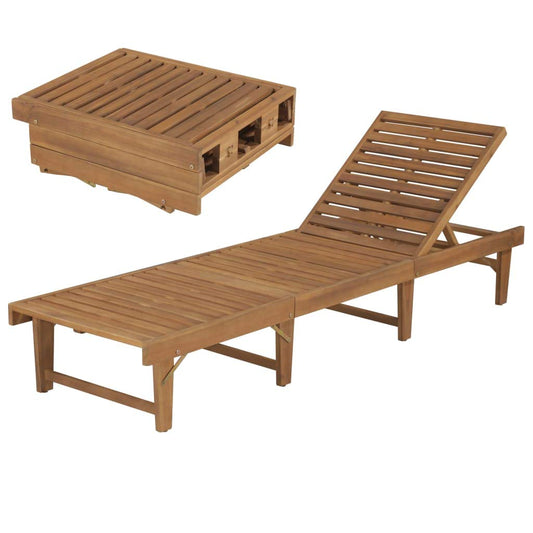 EstaHome Folding Sun Lounger | Foldable Chaise Lounge | Adjustable Outside Patio Sunlounger | Outdoor Wooden Garden Lounge Chair | Weather Resistant Brown Solid Acacia Wood 78.7" x 24" x 11.8"-33.9"