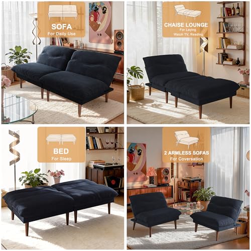 DreamDashio Futon Sofa Bed, 4 in 1 Multi-Functional Futon Couch with Adjustable Backrest, 75 inch Convertible Sleeper Sofa Bed and Recliner Lounge, Corduroy Loveseat for Living Room, Apartment, Black DreamDashio