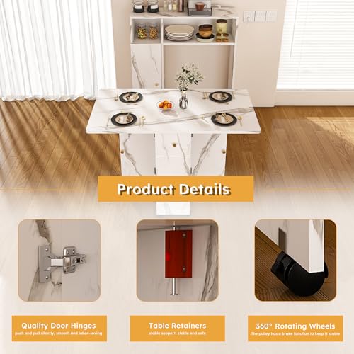 Montary Multifunctional Folding Dining Table with Wall-Mounted Sideboard & Storage for Small Apartments, Movable Kitchen End Table Extendable Dining Table Set for 2-6 People, White Montary