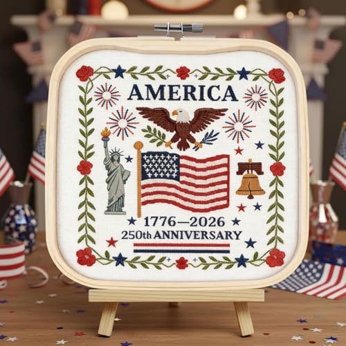 US 250th Anniversary Embroidery Kit, Patriotic Cross Stitch Kits, DIY Embroidery Kits for Adults with 1776-2026 Flag Pattern, 20cm Hoop, Threads, Needles & Instructions for Veterans Military Fans